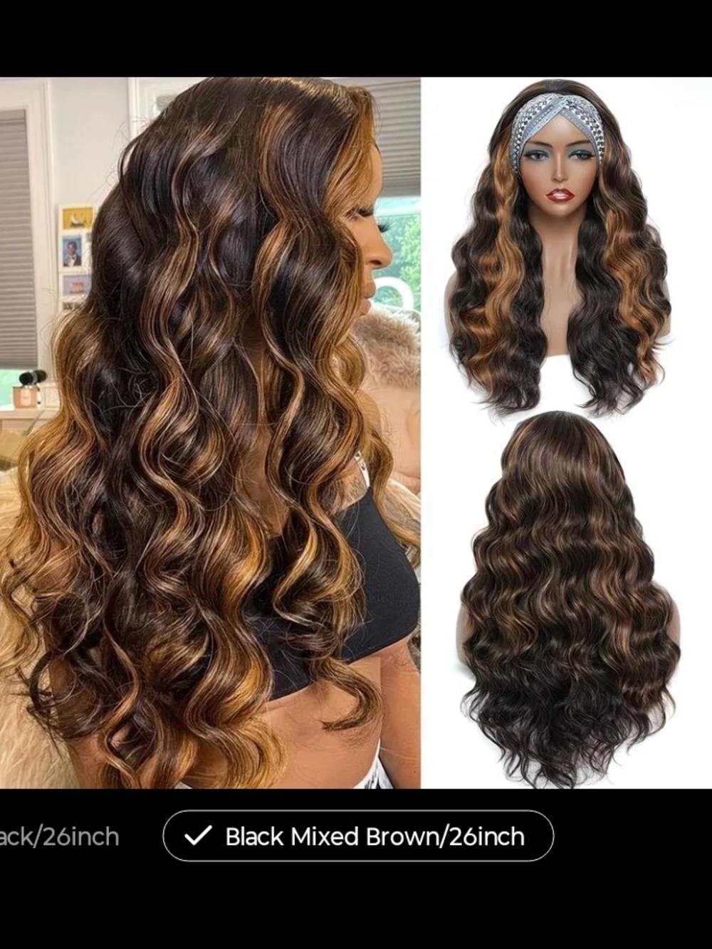 Black Mixed Brown Long Wavy Headband Wig - Natural Highlighted Waves